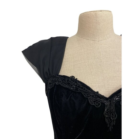 Vintage Steppin Out Black Velvet Evening Dress With Sheer Cap Sleeves and Beaded - Picture 4 of 13